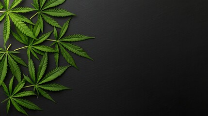 Wall Mural - Green cannabis leaves arranged on a dark background, leaving ample copy space.