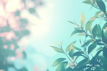 Wall Mural - Spring background with green leaves and blurred bokeh light