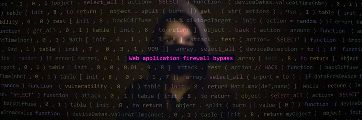cyber attack web application firewall bypass text in foreground screen, hacker in the blurred backgr