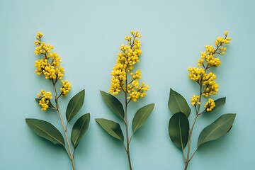 Sticker - Yellow flowers and green leaves on the blue spring summer background