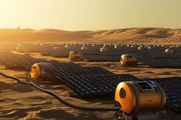 Wall Mural - Solar energy farm harnessing sunlight in desert landscape at sunset