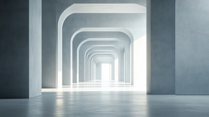 abstract architecture long corridor with arched ceilings and bright light at the end.