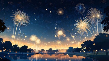 Wall Mural - Night sky fireworks display over tranquil lake and trees.