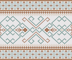 Geometric pixel art pattern. Abstract pixel art geometric pattern design for fabric, carpet, tile, clothing, embroidery, wallpaper and background. Vector pixel art design. green brown. illustrative.