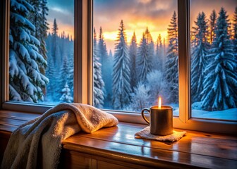 Poster - Cozy Winter Window Scene: Snowy Forest View, Mug, Blanket