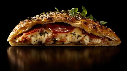 A deliciously golden calzone stuffed with pepperoni, cheese, and herbs, showcasing a crispy crust and inviting filling.