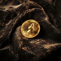 Wall Mural - single shiny gold coin on dark velvet surface luxurious feel