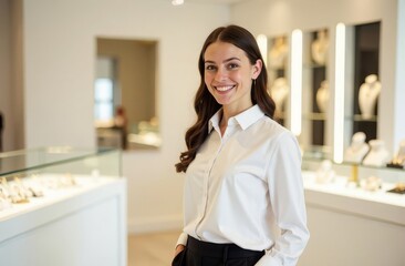 A woman in a jewelry store, smiling affably in a white shirt. Special offer, gift time. Stock