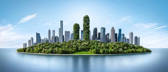 Wall Mural - A futuristic city blends with nature on a lush island, showcasing skyscrapers surrounded by greenery and water under a bright blue sky.