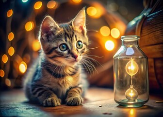 Wall Mural - Curious Kitten Eyes Water Bottle in Cozy Room - Surreal Photography Stock Photo