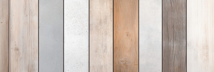 Leinwandbilder - Wooden and concrete textured planks arranged vertically, showcasing variety of neutral tones and natural patterns