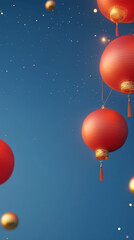 Aufkleber - Red lanterns hanging against blue sky with golden orbs, festive atmosphere