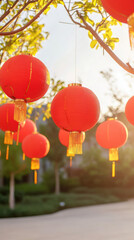 Poster - Bright red lanterns hanging from trees, symbolizing celebration and joy