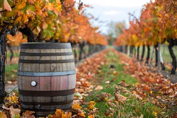 Wall Mural - rustic wooden barrel in vineyard during autumn