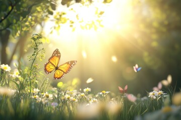 Wall Mural - Sunny meadow with butterflies and wildflowers.