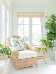 Aufkleber - cozy wicker chair with floral pillow in bright sunroom, surrounded by plants and natural light