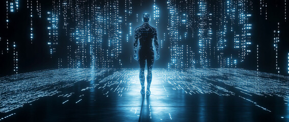 Digital human walking in futuristic data stream.