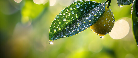 Dewy lemon leaf and fruit on tree branch.