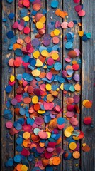 Wall Mural - Vibrant confetti scattered on a rustic wooden surface during a celebration or festive occasion