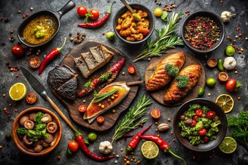 Wall Mural - Diverse Culinary Delights: Assorted Meat, Fish & Vegetable Dishes on Black Stone - Top View