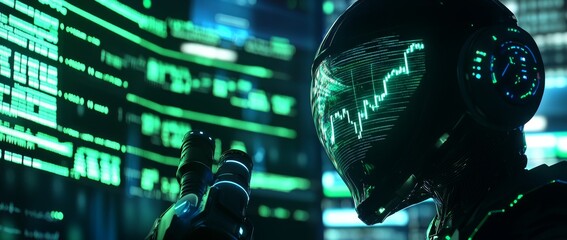 Futuristic robot analyzing data on a screen.