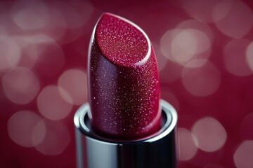 Bold red lipstick with shimmering finish captured against a blurred background in evening light