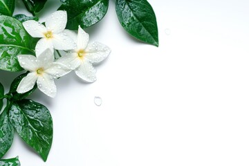 Wall Mural - White flowers with green leaves and water droplets on white background. (1)