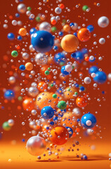 Poster - Colorful small plastic balls falling in a orange background.