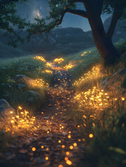 Wall Mural - Magical glowing path through night field.