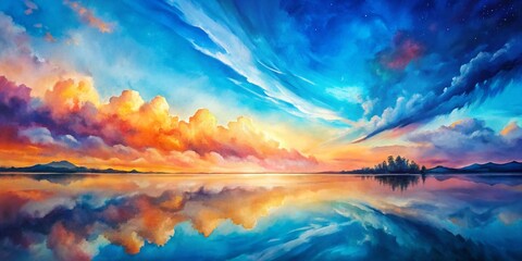 Wall Mural - Dreamy Watercolor Landscape: Vibrant Sky & Blue Gradient, Artistic Painting