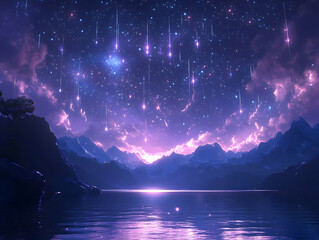 Wall Mural - Magical night scene with shooting stars over serene mountain lake.