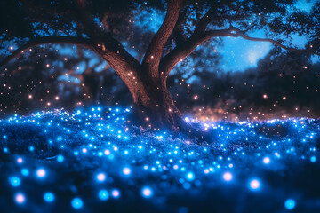 Wall Mural - Enchanting night scene with glowing fireflies surrounding a large tree.