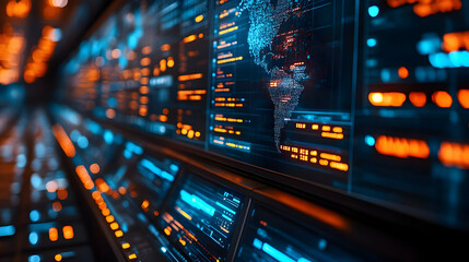 Futuristic digital interface with world map data.