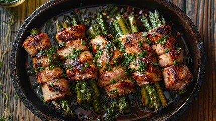 Poster - A fried asparagus wrapped in meat, served on a rustic wooden table.