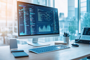 Modern workstation for AI development, single ultrawide monitor with complex data visualizations