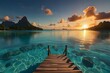 © Fazal - Paradise get-away Environment in Bora Bora. Tourism wallpaper with Majestic Sunrise Beach. Generative AI