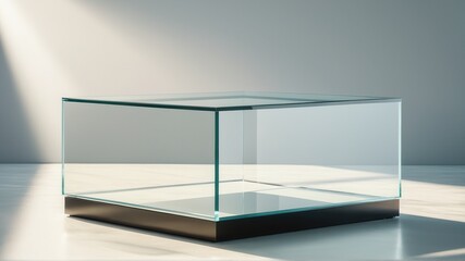 Minimalist glass display case in sunlight on smooth surface