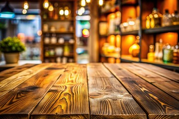 Wall Mural - Empty Wooden Table, Blurred Perfume Shop Background - Rustic Food Photography