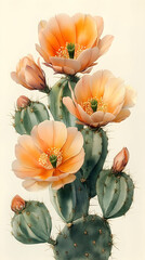 Canvas Print - Close-up of blooming orange prickly pear cactus flowers and pads against a white background.