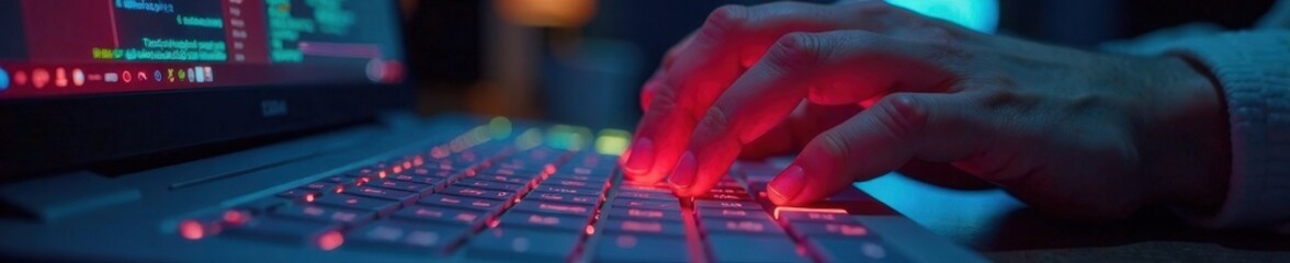 Fingers actively using keyboard, buttons pressed, light, focus, surface