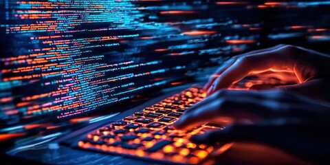 Coding in the Night: A programmer's hands rapidly type on a glowing keyboard, lines of code cascading across the screen, illuminated by vibrant hues of blue and orange.