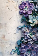 Wall Mural - Purple succulents arranged on textured background.