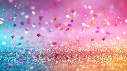 falling multicolored confetti on a shiny texture background with smooth gradients and festive bokeh.