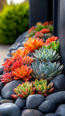 Canvas Print - Colorful succulents planted in grey stones near a dark wall.