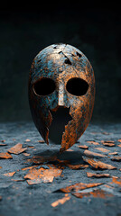 Weathered copper teal ancient helmet floating over dark metallic surface, fragmentary shards surrounding, embodying mysterious retro futuristic aesthetic