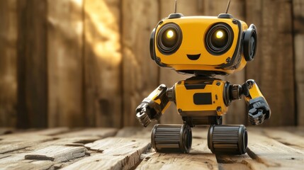Poster - A cheerful yellow robot with bright eyes stands on a wooden surface, evoking a playful vibe.