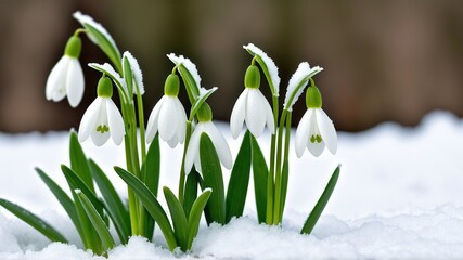 Wall Mural - Snow-covered snowdrops blooming in early spring garden