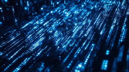 Abstract Digital Data Stream Blue Glowing Lines Technology Background web code dark bits cyber light