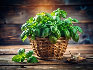 Wall Mural - Fresh Basil Plant in Rustic Wooden Basket - Organic Herb Stock Photo