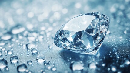 Poster - A clear diamond resting on a surface with droplets, showcasing its brilliance and clarity.